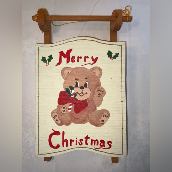 Christmas Decor: Vintage, Wood, Hand-Painted Old-Timey Sled, Cheerful Teddy Bear - Picture 2 of 6